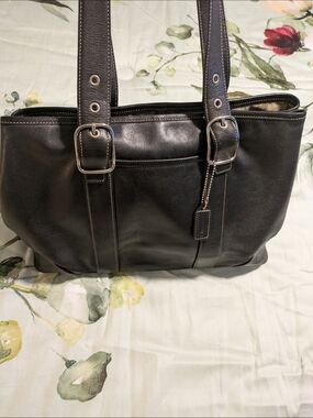 Vintage Coach Classic Black Leather Tote with Buckle Straps
